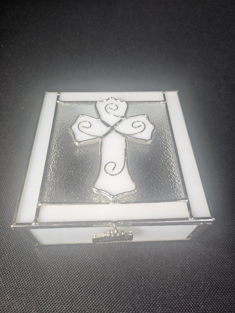 First Communion White Stained Glass Box With Cross